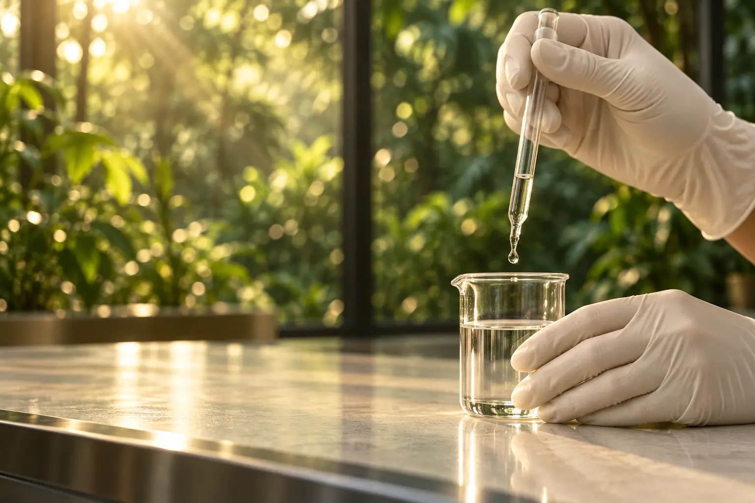 A gloved hand adding a drop of botanical extract into a beaker