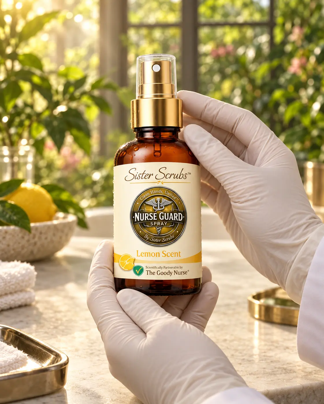 Gloved hands holding a Nurse Guard Lemon Scent bottle