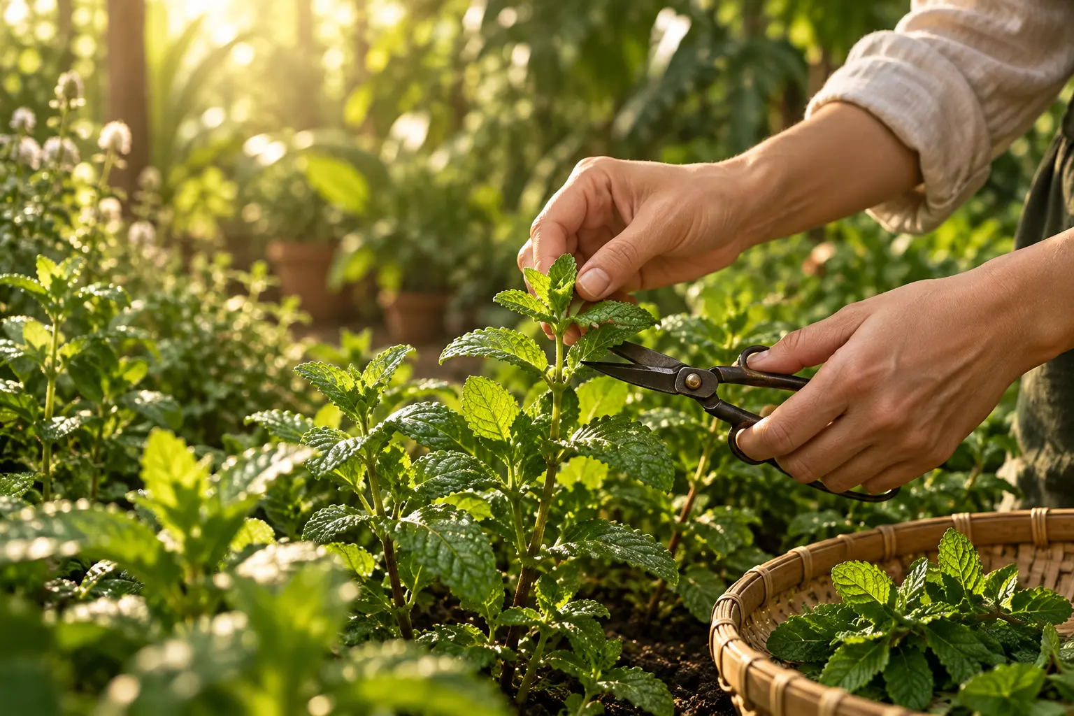 Hands cutting fresh mint into a basket in a sunlit garden